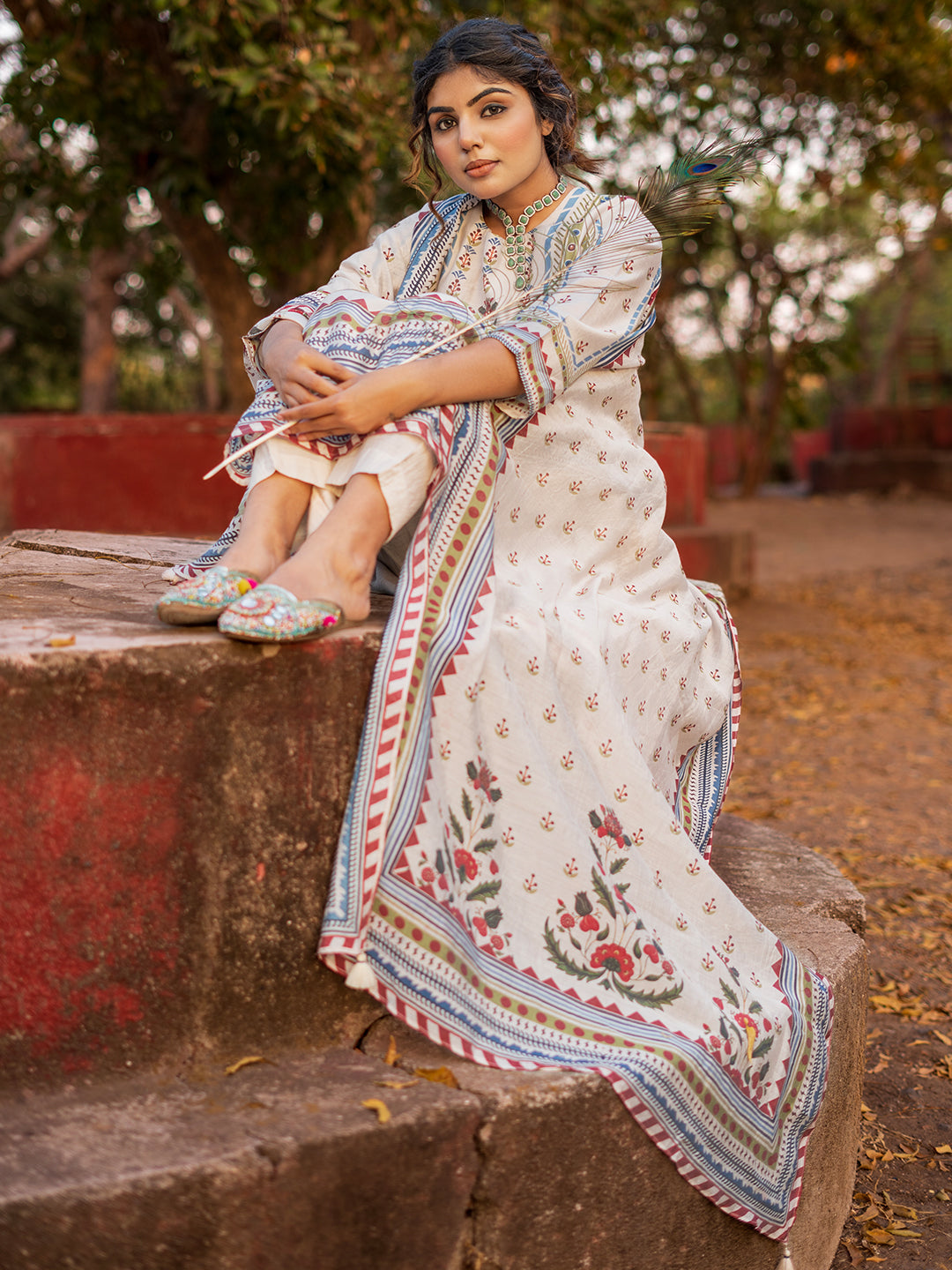 Off-white & Multi-Color Kashmiri Rugs Digital Printed Chanderi Straight Kurta Set