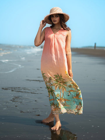 Peach color Tropical print Muslin Crepe V-Neck Sleeveless Dress – Western Style