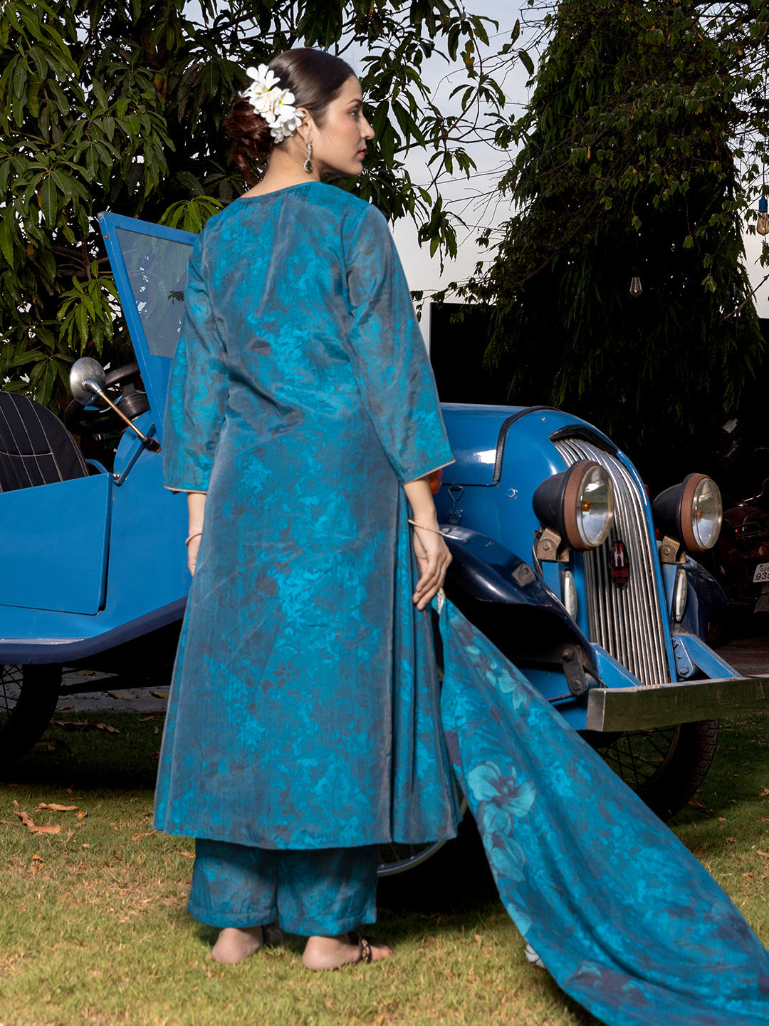 Blue Cord Work Chanderi Kurta Pant Set with Dupatta & Self-Design
