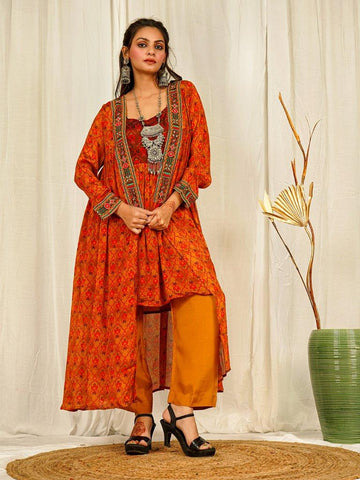 Rust Chinon Co-ord Set with Hand-Embroidered Shrug