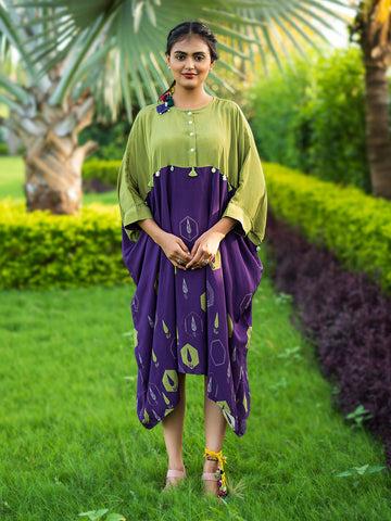 Green & Purple Geometric Print Kaftan Style One-Piece Dress in Natural Crepe - Banjara Trend