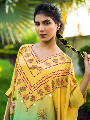 Yellow & Green Geometric Digital Print Kaftan Style Dress in Natural Crepe