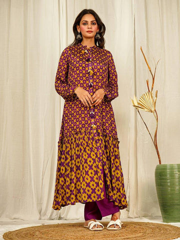 Stylish Purple Geometric A-Line Co-ord Set on Chinon