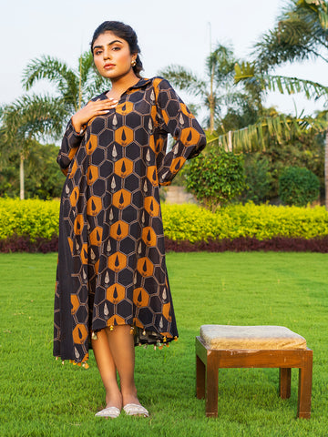 Black & Mustard Geometric Print in Natural Crepe - Banjara Trend Kaftan Style One-Piece Dress