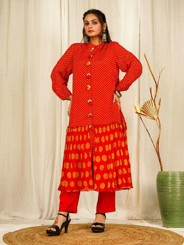 Orange Geometric Boho coord set  with Tassel and Cowrie  details on chinon