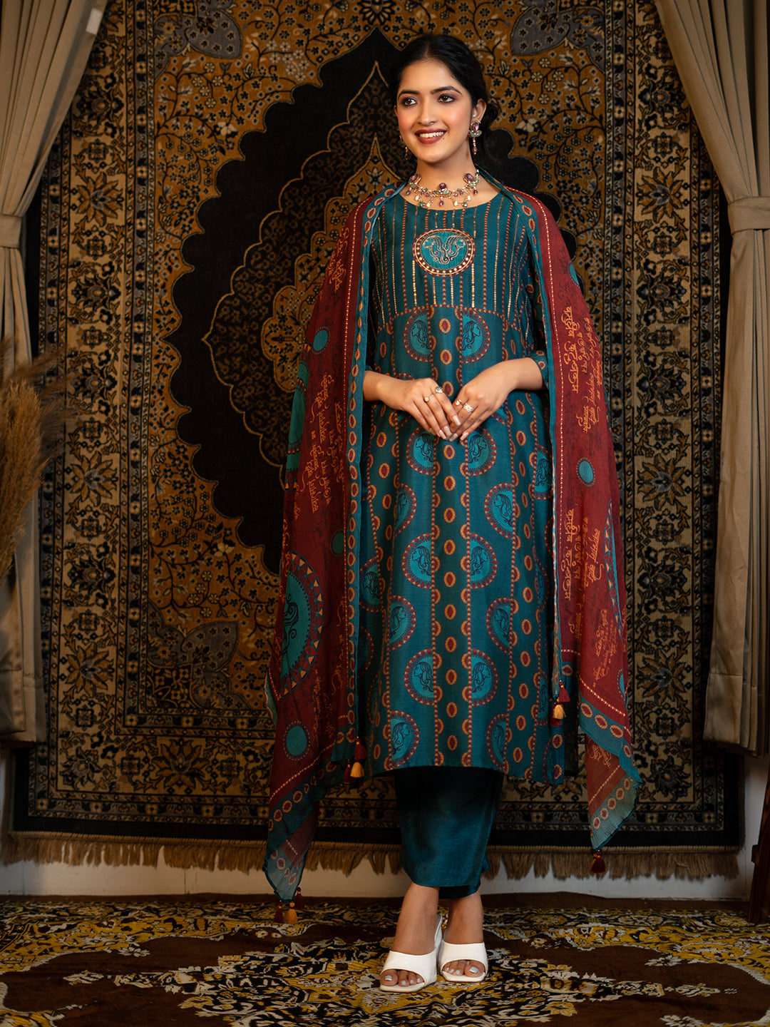 03. Gemini - Teal Blue Astro Fashion Based Raw Silk Top Bottom Dupatta Set with Hand Embroidery