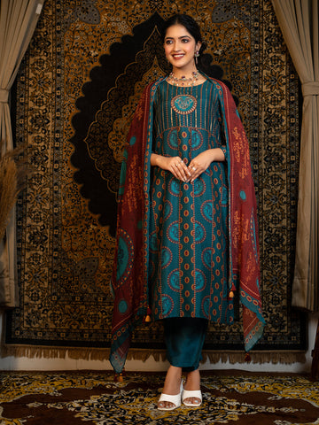 03. Gemini - Teal Blue Astro Fashion Based Raw Silk Top Bottom Dupatta Set with Hand Embroidery