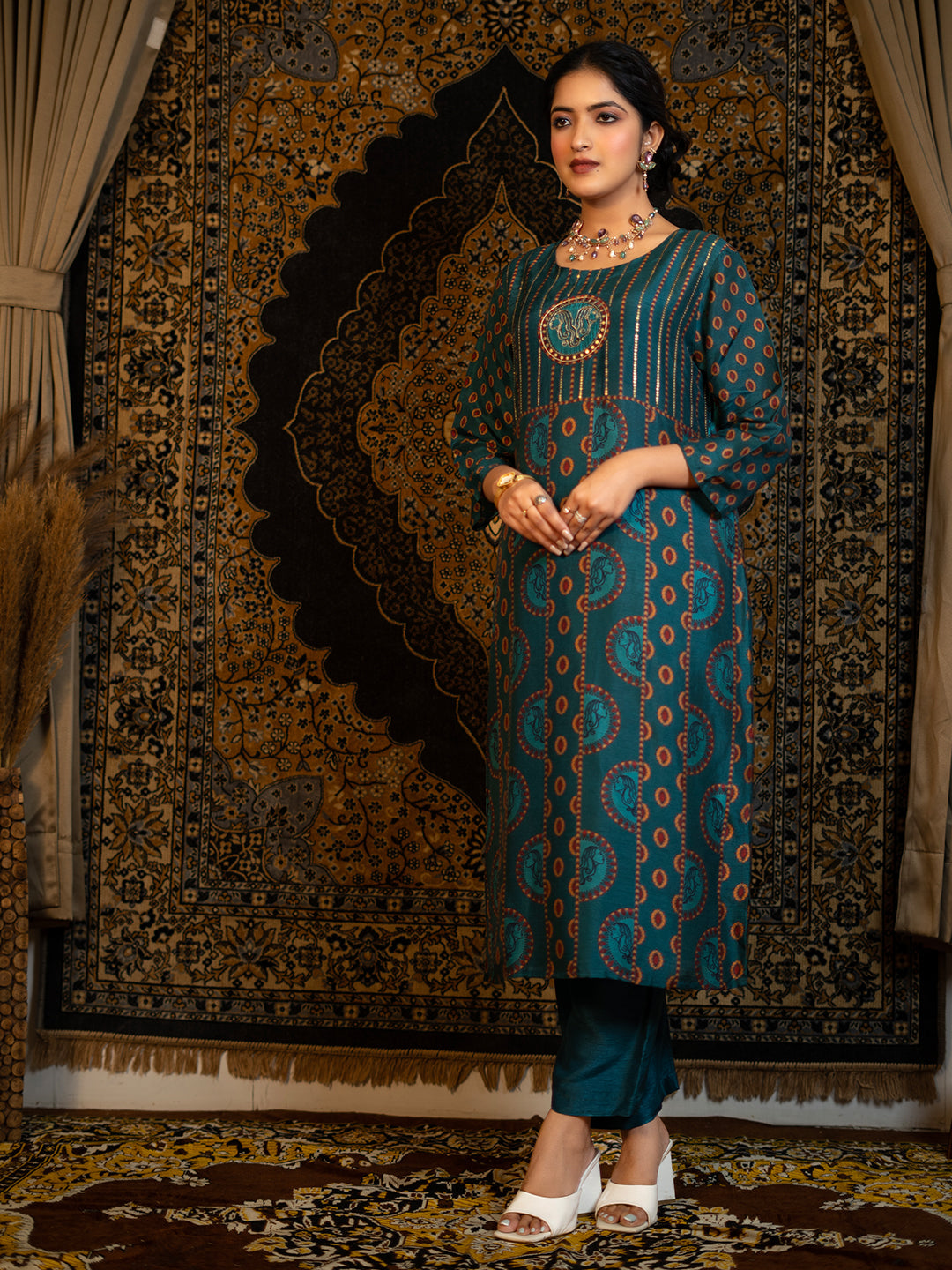 03. Gemini - Teal Blue Astro Fashion Based Raw Silk Top Bottom Dupatta Set with Hand Embroidery