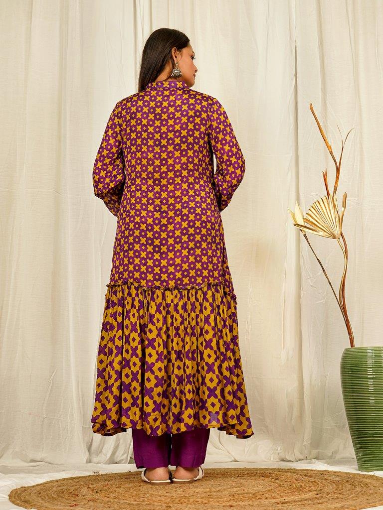 Stylish Purple Geometric A-Line Co-ord Set on Chinon