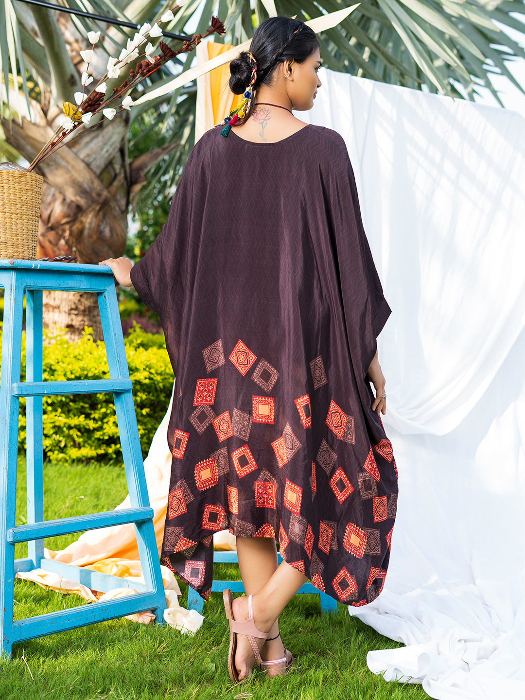 Banjara Trend Dark Brown Geometric Print Kaftan Style One-Piece Dress in Natural Crepe