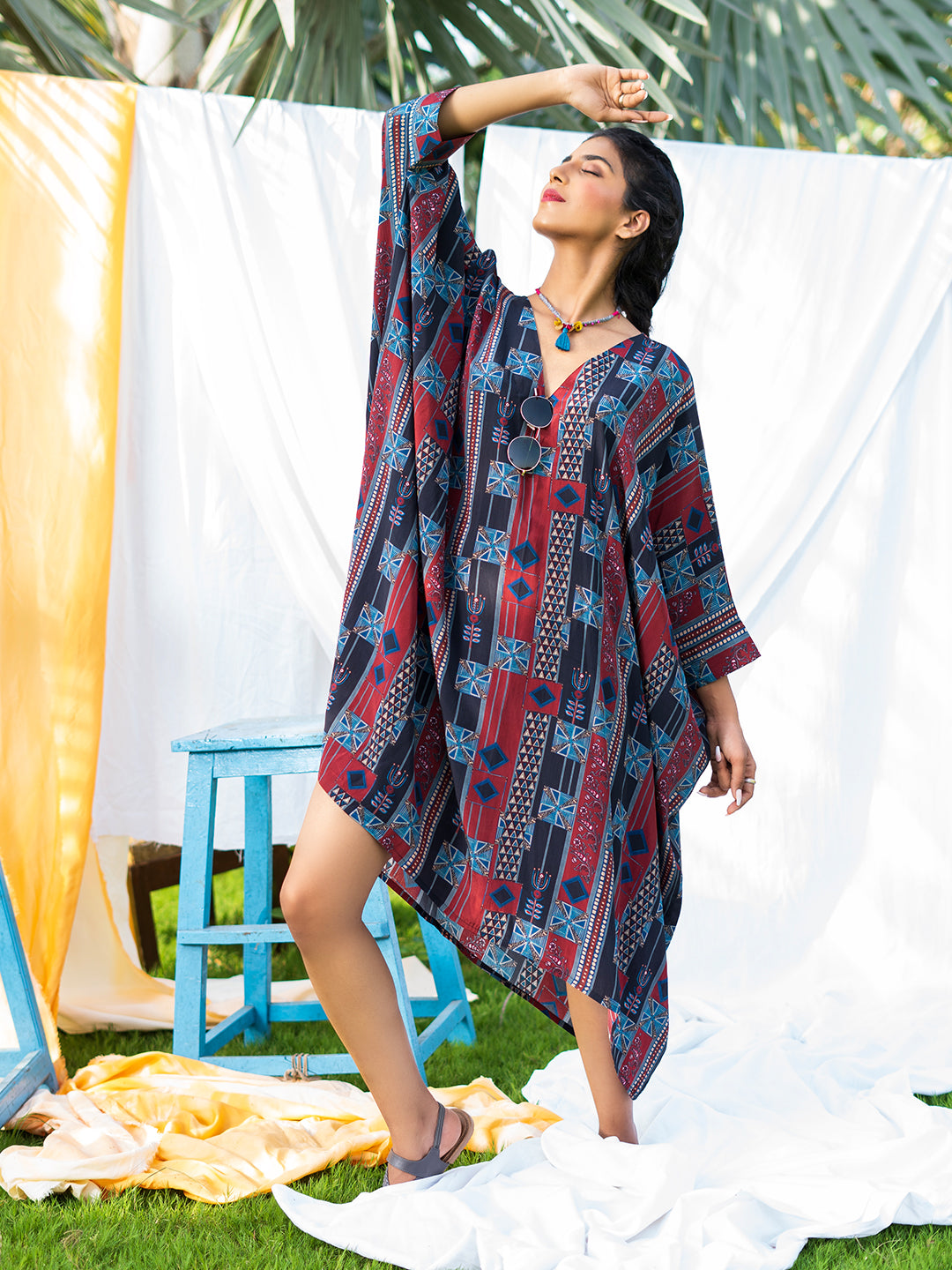 Multicolor Geometric Print Banjara Trend Kaftan Style One-Piece Dress in Natural Crepe