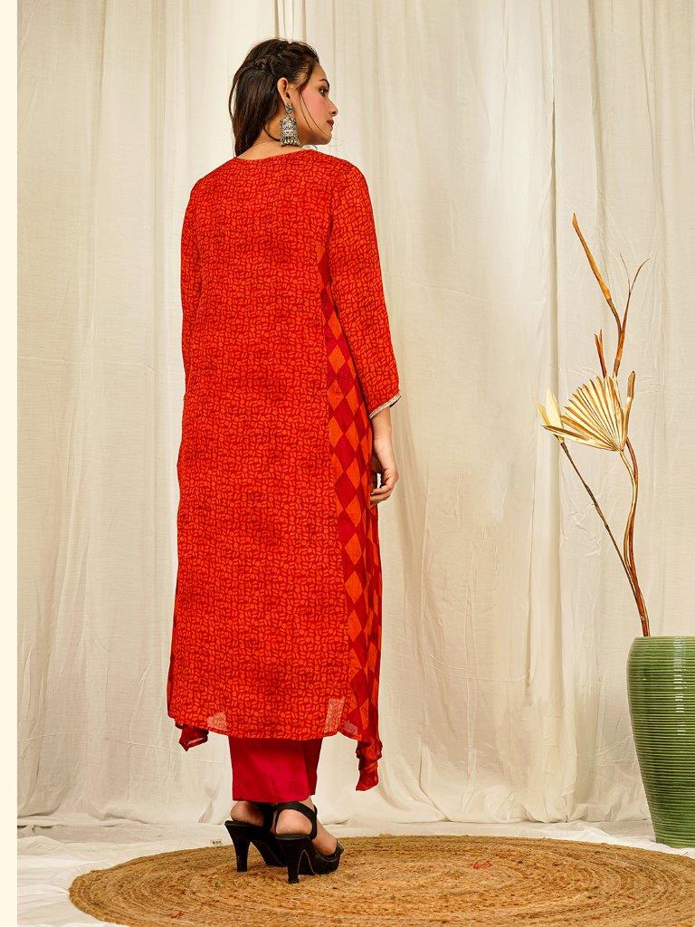 Elegant Red Geometric Print Co-ord Set with Lace Detailing