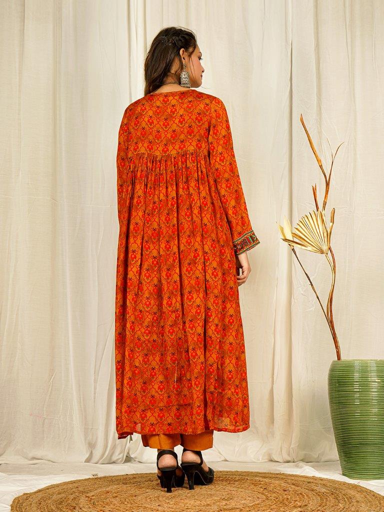 Rust Chinon Co-ord Set with Hand-Embroidered Shrug