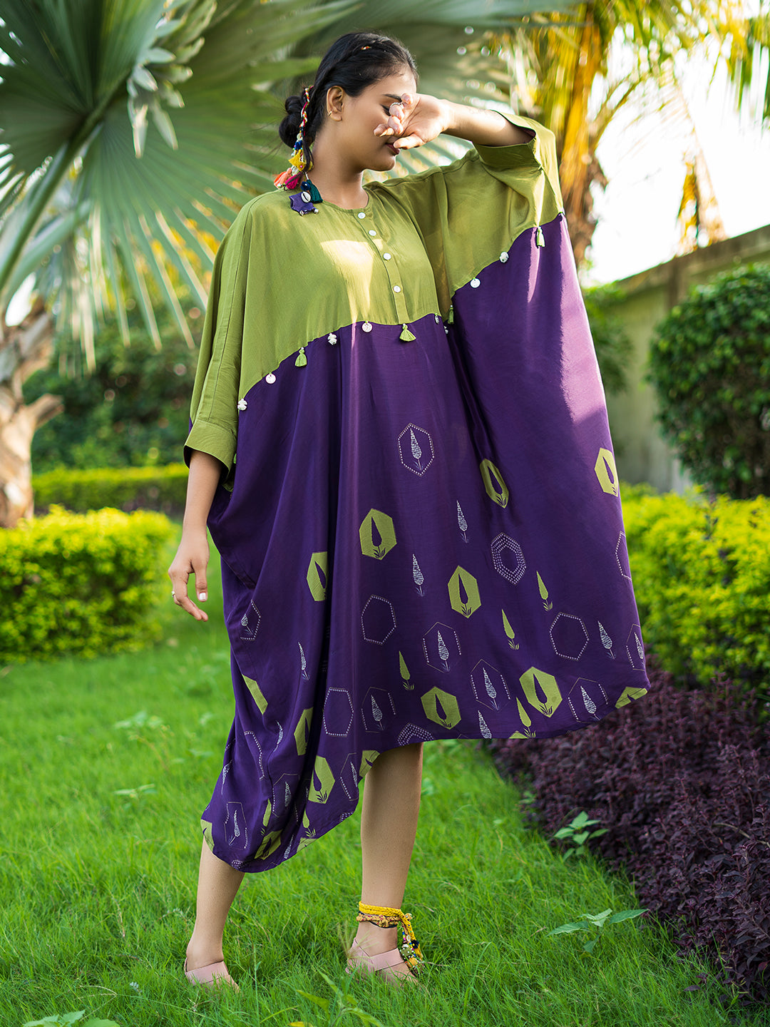 Green & Purple Geometric Print Kaftan Style One-Piece Dress in Natural Crepe - Banjara Trend