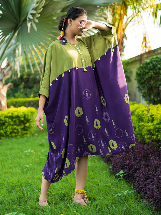 Green & Purple Geometric Print Kaftan Style One-Piece Dress in Natural Crepe - Banjara Trend