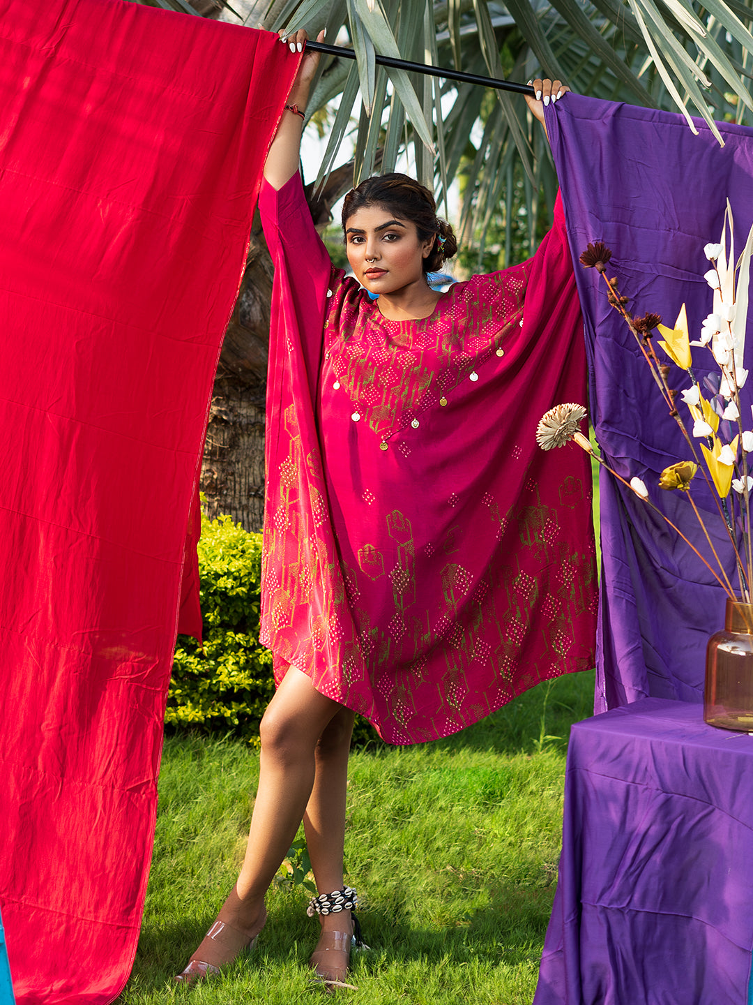 Pink Geometric Print Kaftan Style One-Piece Dress in Natural Crepe - Banjara Trend