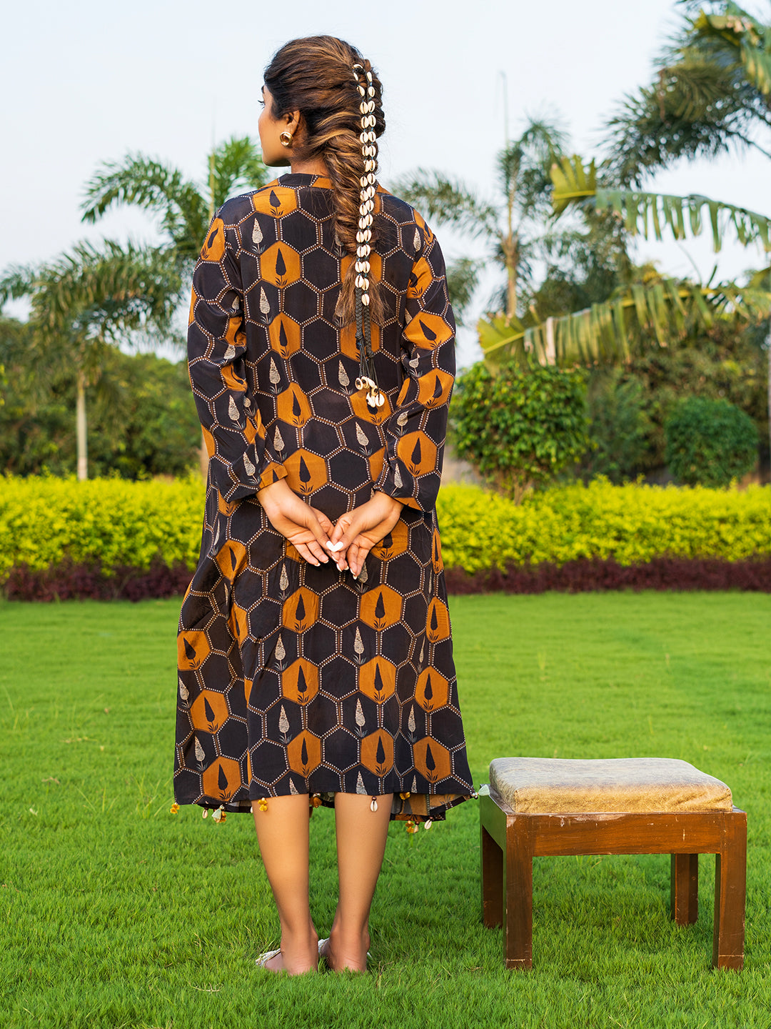 Black & Mustard Geometric Print in Natural Crepe - Banjara Trend Kaftan Style One-Piece Dress