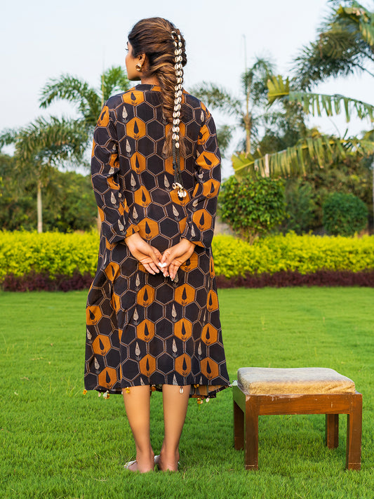 Black & Mustard Geometric Print in Natural Crepe - Banjara Trend Kaftan Style One-Piece Dress