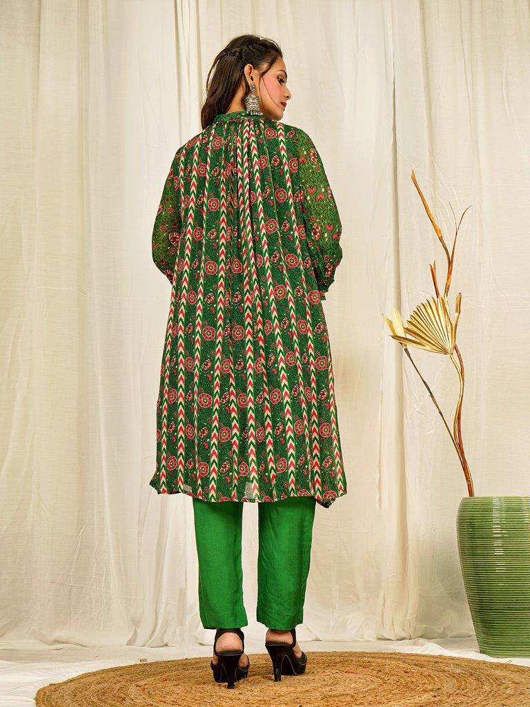 Green Chevron & Suzani Print Coord Set on Luxurious Chinon