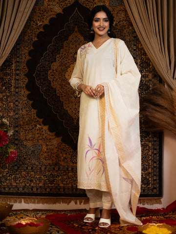 Classic V-Neck Cotton Kurta Set with Pants and Dupatta – Elegant Ethnic Wear