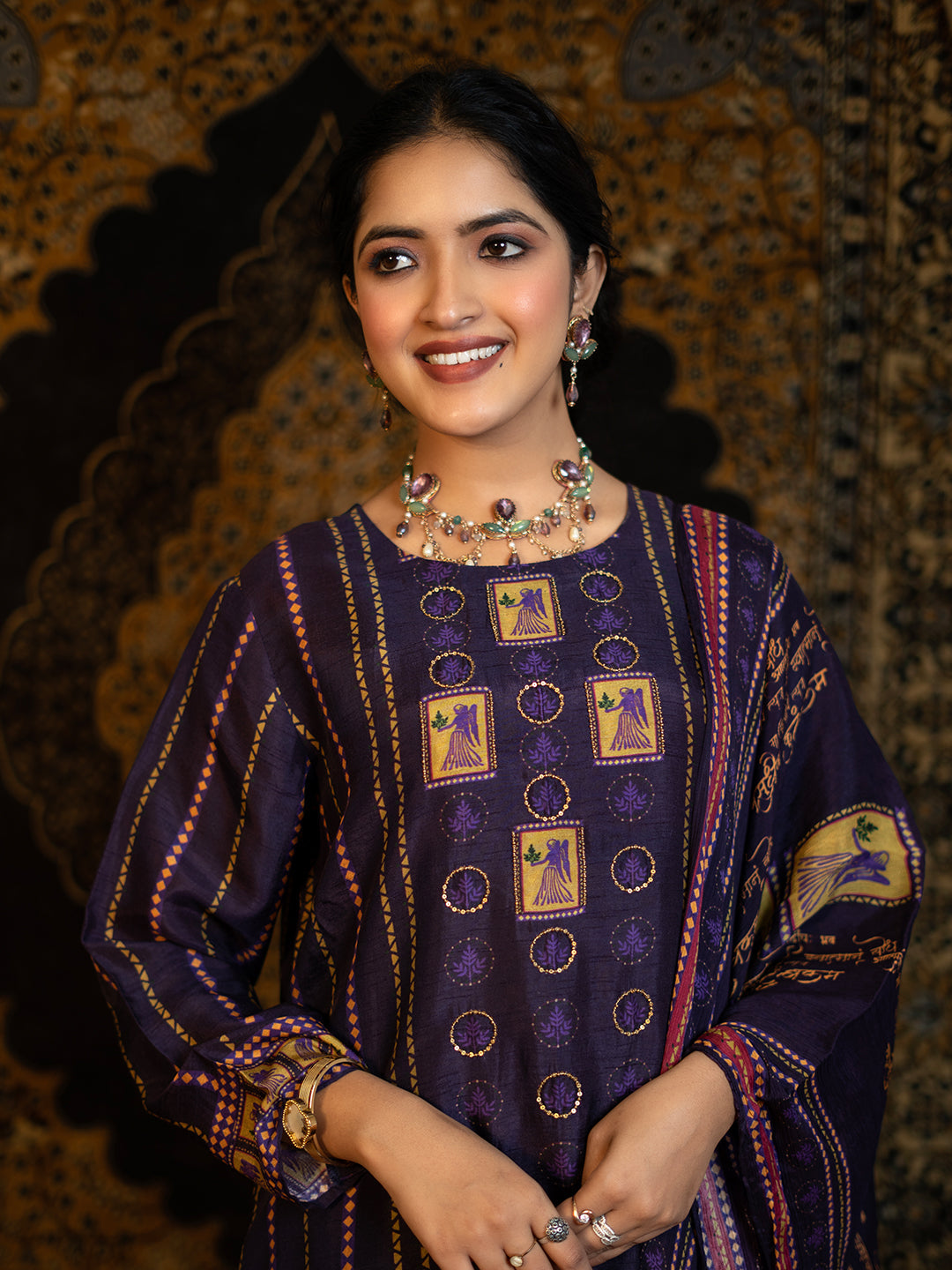 06. Virgo - Purple Astro Fashion Based Raw Silk Top Bottom Dupatta Set with Sequence Hand Work