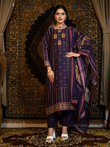 06. Virgo - Purple Astro Fashion Based Raw Silk Top Bottom Dupatta Set with Sequence Hand Work