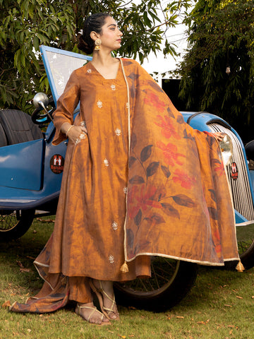 Rust Cord Work Chanderi Kurta Pant Set with Dupatta & Self-Design