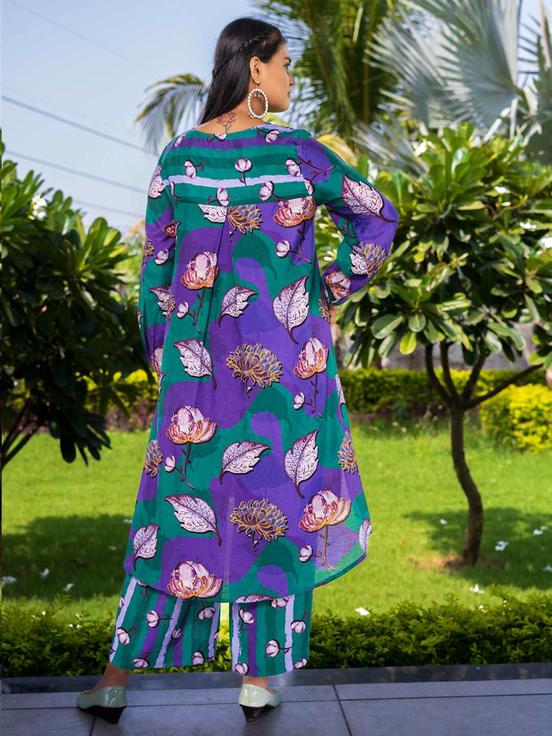 Purple-Green Abstract Floral Print 2-Piece Co-Ord Set – Festive Viscose Muslin