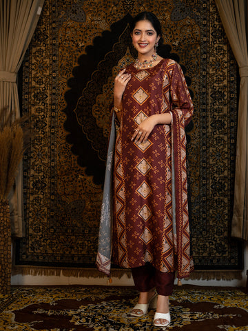 08. Scorpio - Maroon Astro Fashion Based Raw Silk Top Bottom Dupatta Set with Hand Embroidery