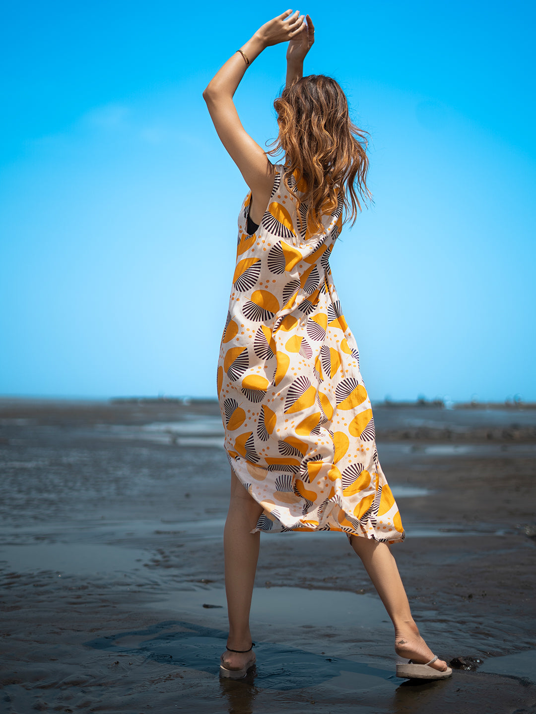 Yellow Tropical print Muslin Crepe High Neck Sleeveless Dress – Western Style