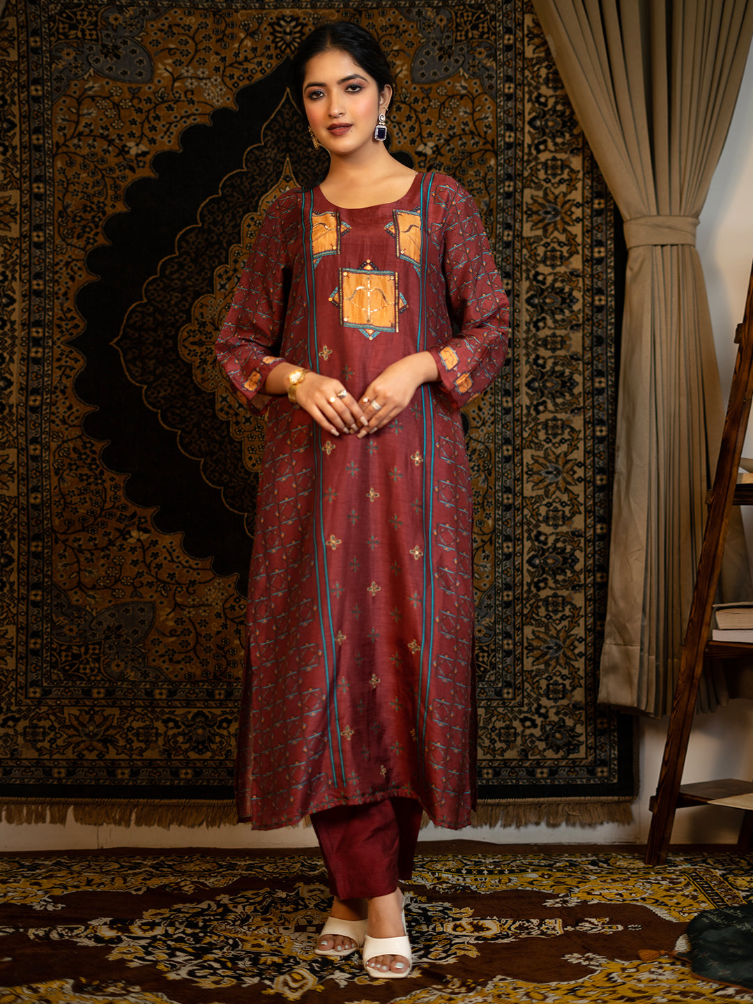 09. Sagittarius - Maroon Astro Fashion Based Raw Silk Top Bottom Dupatta Set with Hand Embroidery