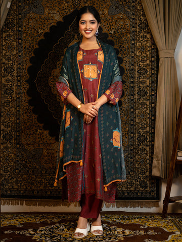 09. Sagittarius - Maroon Astro Fashion Based Raw Silk Top Bottom Dupatta Set with Hand Embroidery