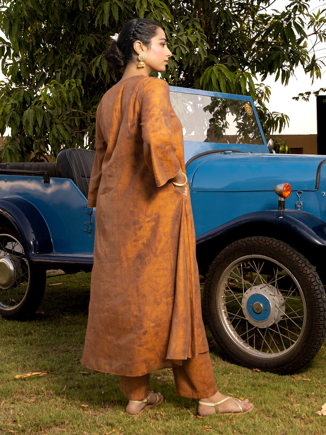 Rust Cord Work Chanderi Kurta Pant Set with Dupatta & Self-Design