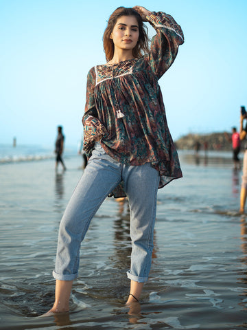 Multicolor Abstract Floral Print Muslin Kurta with V Neck and Puff Sleeves – Lace & Pendant Work