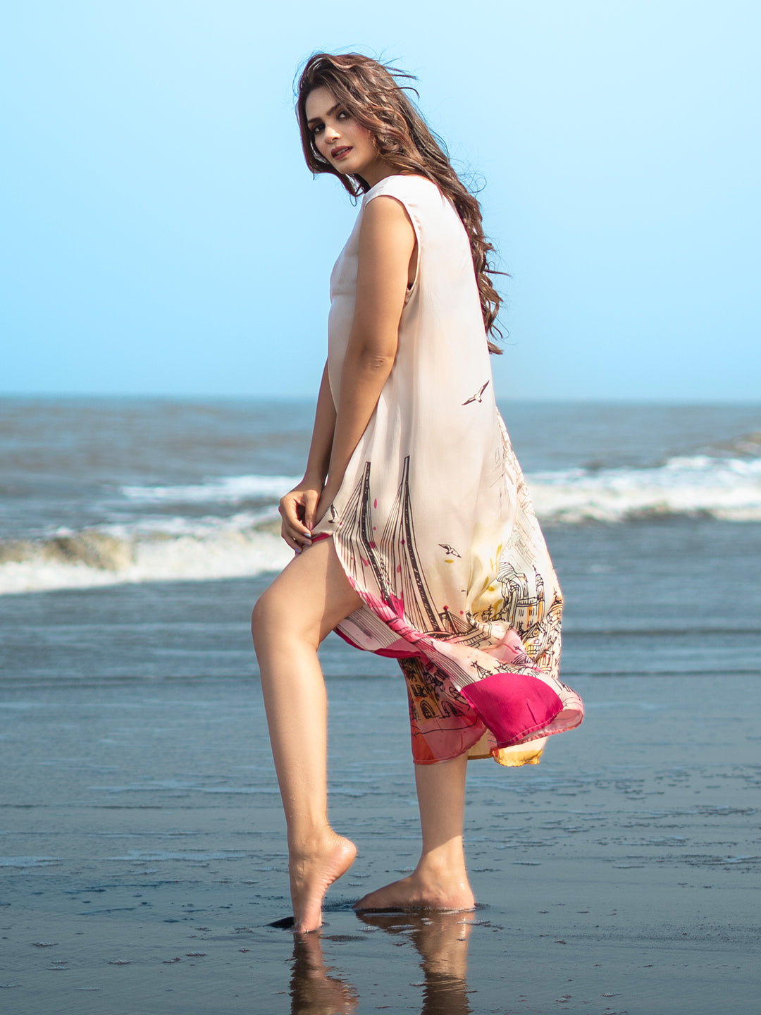Cream Architectural Print V-Neck Sleeveless Dress – Perfect for Outings & Vacations