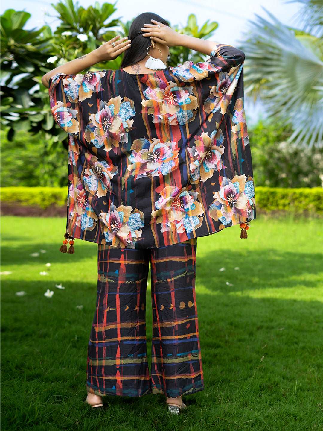 Floral Print Kaftan Style Co-Ord Set with Handcrafted Tassels – Multicolor, Relaxed Fit