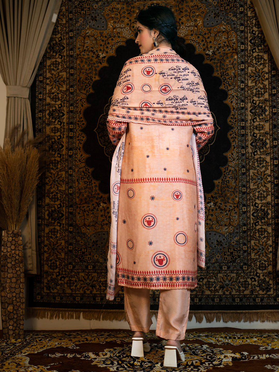 02. Taurus - Peach Astro Fashion Based Raw Silk Top Bottom Dupatta Set with Hand Embroidery