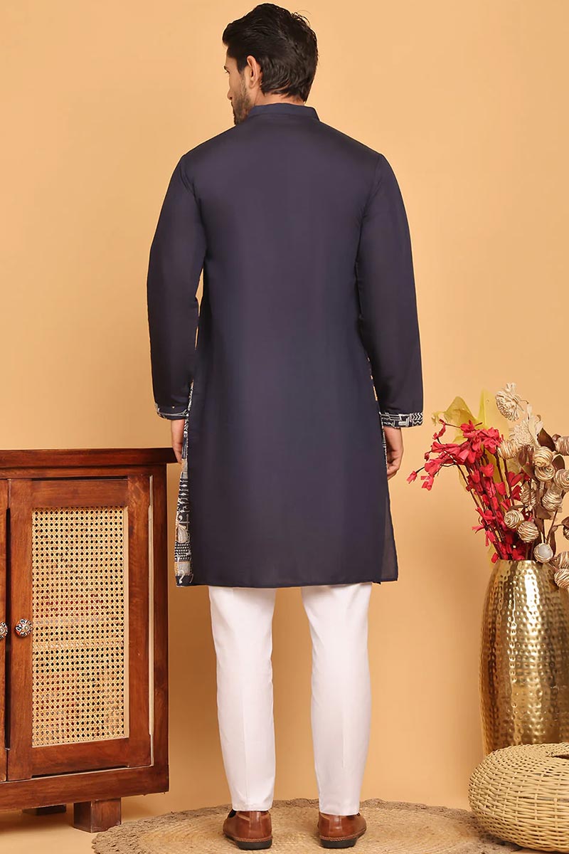 Navy Blue Cotton Silk Embroidered Kurta Pajama Set - Traditional Wear