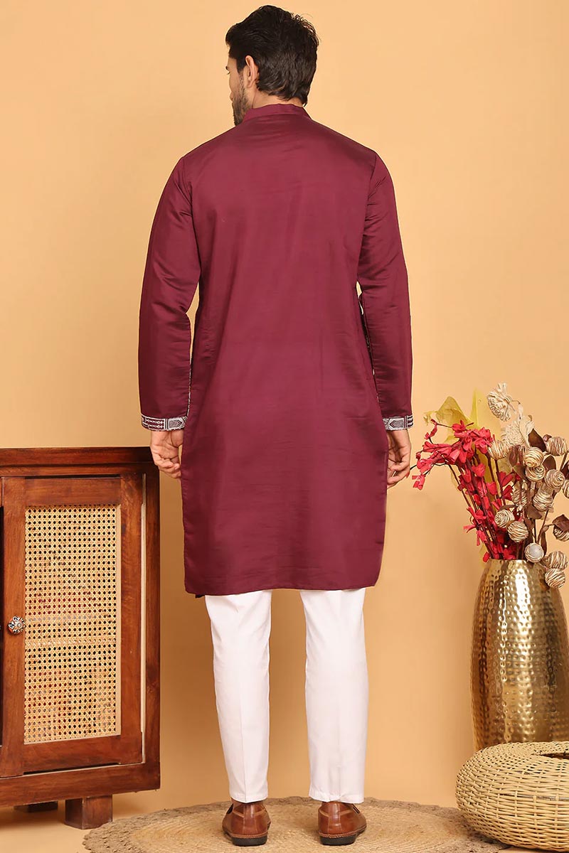 Maroon Purple Cotton Silk Embroidered Kurta Pajama Set - Traditional Wear