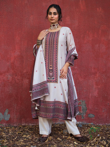 Off-white - Purple color Kashmiri rugs Digital Printed Chanderi Straight Kurta Pant Set with Dupatta