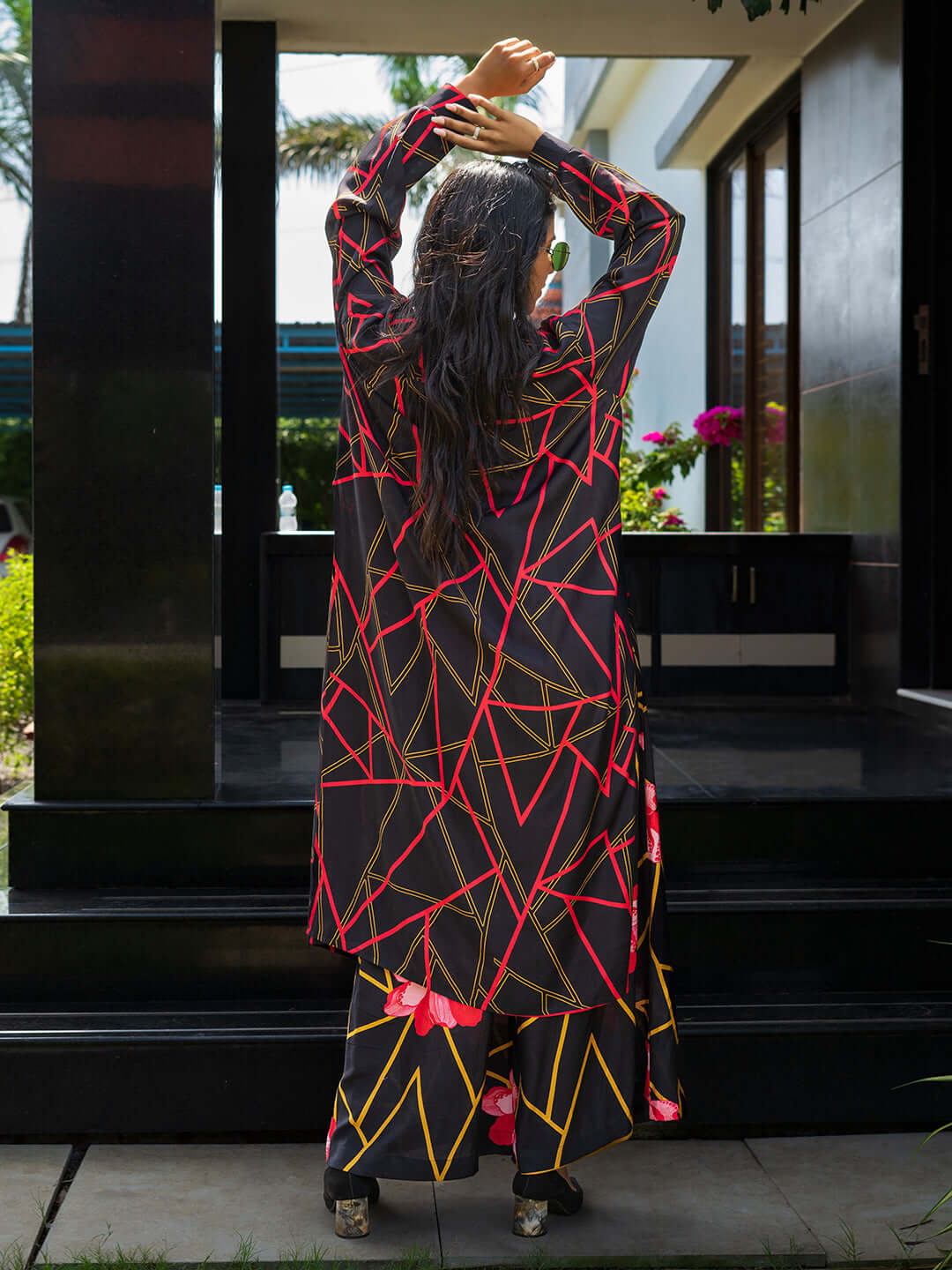 Bold Look Western Co-Ord Set - Black & Red Geometric Floral Print