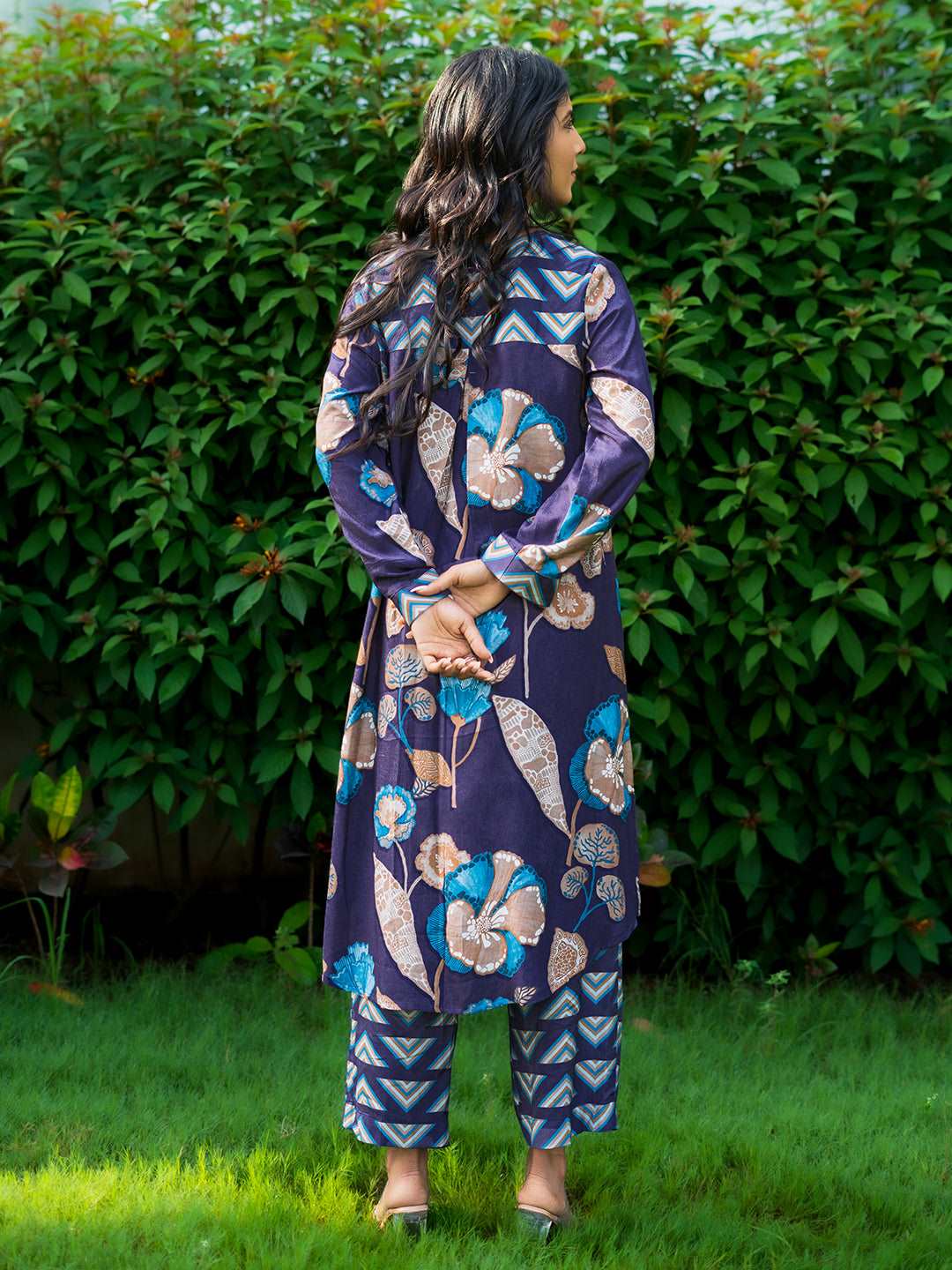 Purple Geometric Print 2-Piece Co-Ord Set – Festive Viscose Muslin with Full Sleeves