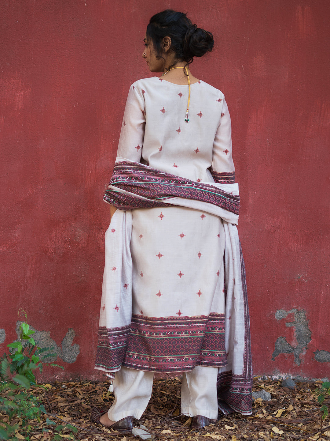 Off-white - Purple color Kashmiri rugs Digital Printed Chanderi Straight Kurta Pant Set with Dupatta
