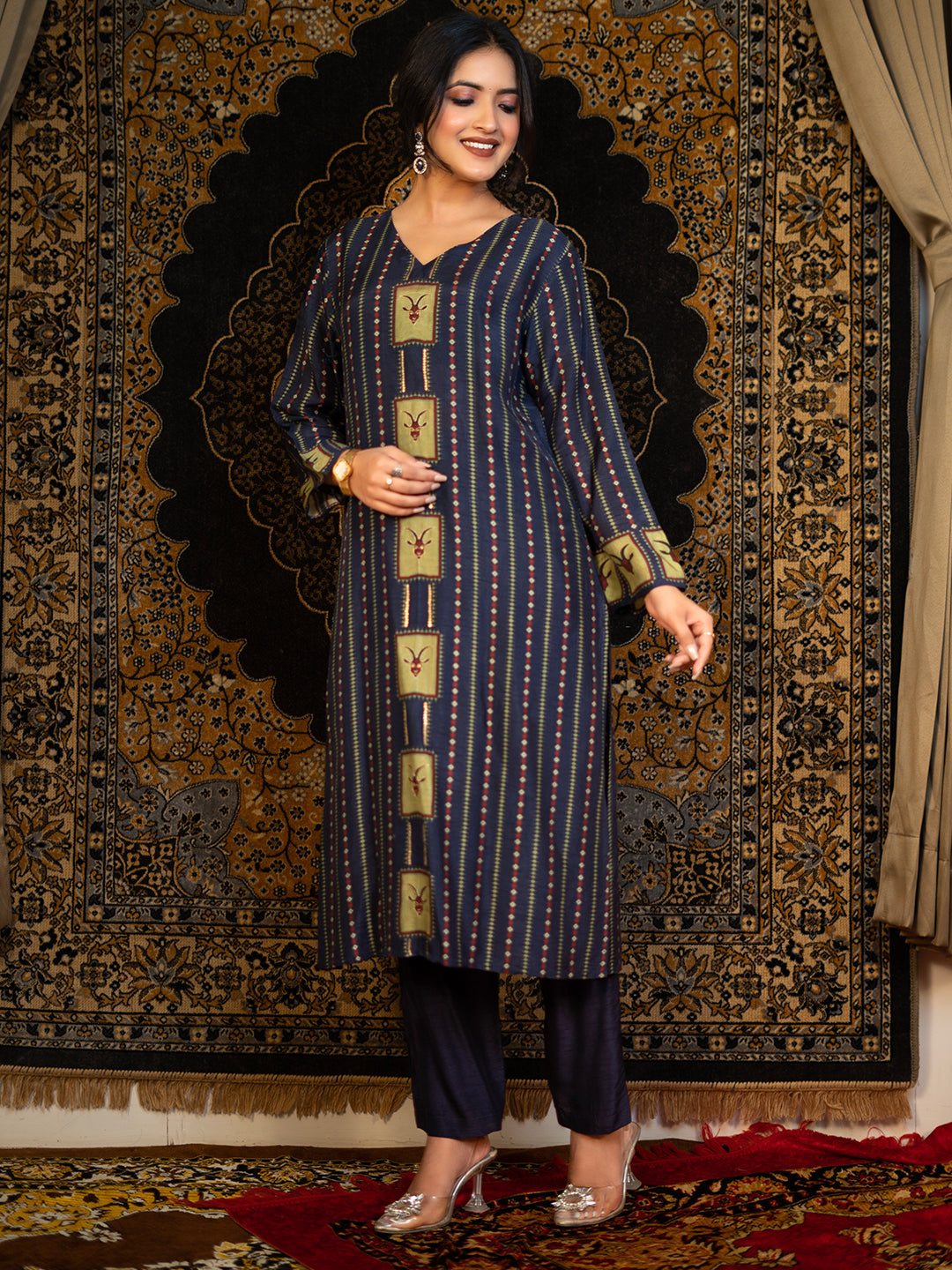 10. Capricorn - Blue Astro Fashion Based Raw Silk Top Bottom Dupatta Set with Hand Embroidery