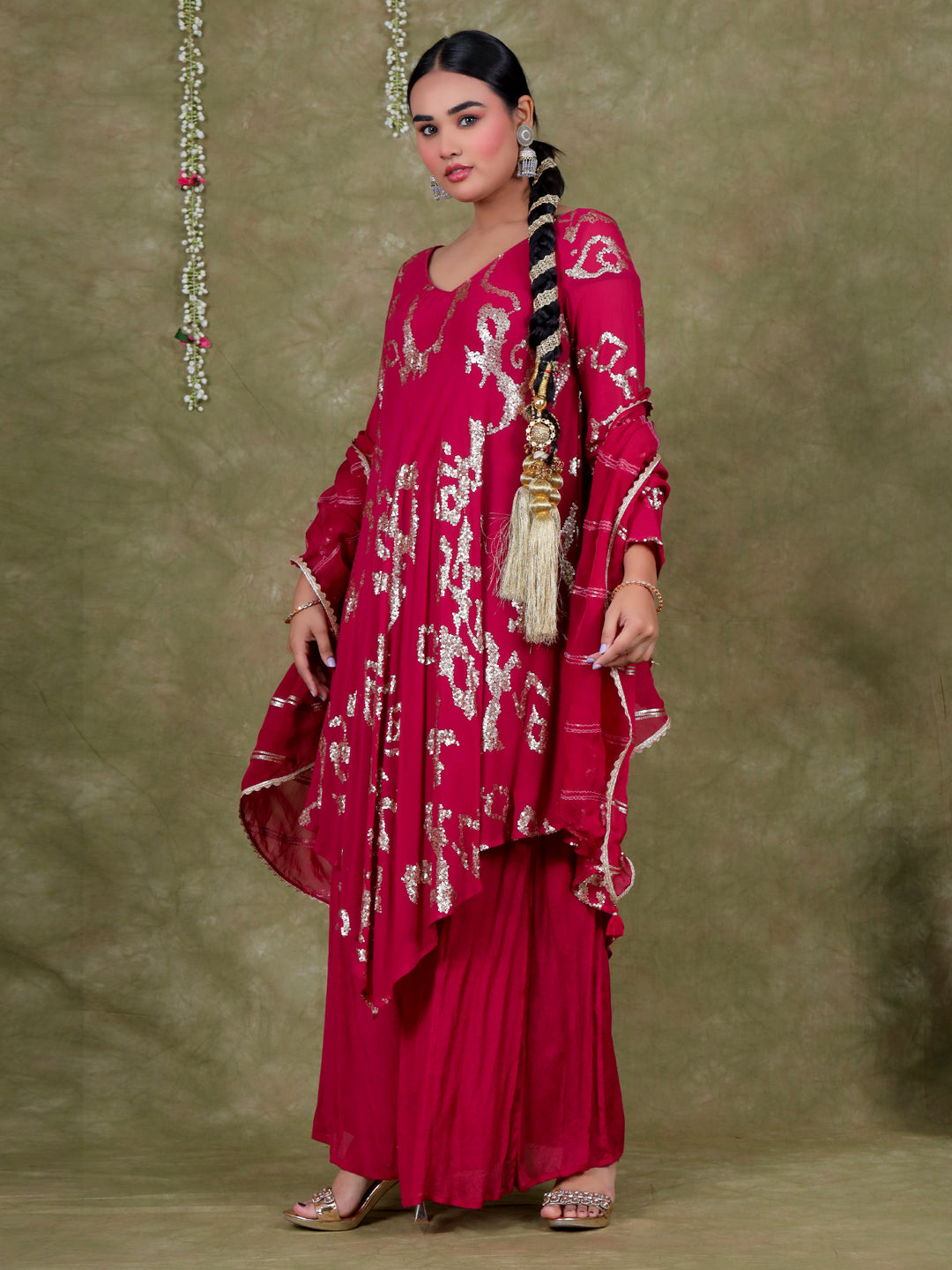 Sequence Embroidery Based Georgette Kurta Sharara Set with Organza Dupatta - Pink