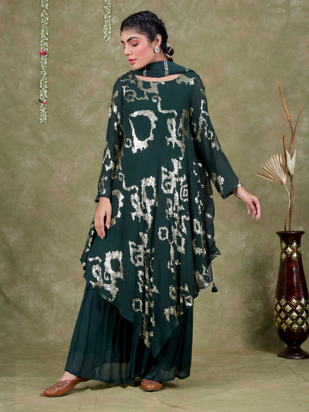 Sequence Embroidery Based Georgette Kurta Sharara Set with Organza Dupatta - Dark Teal Blue