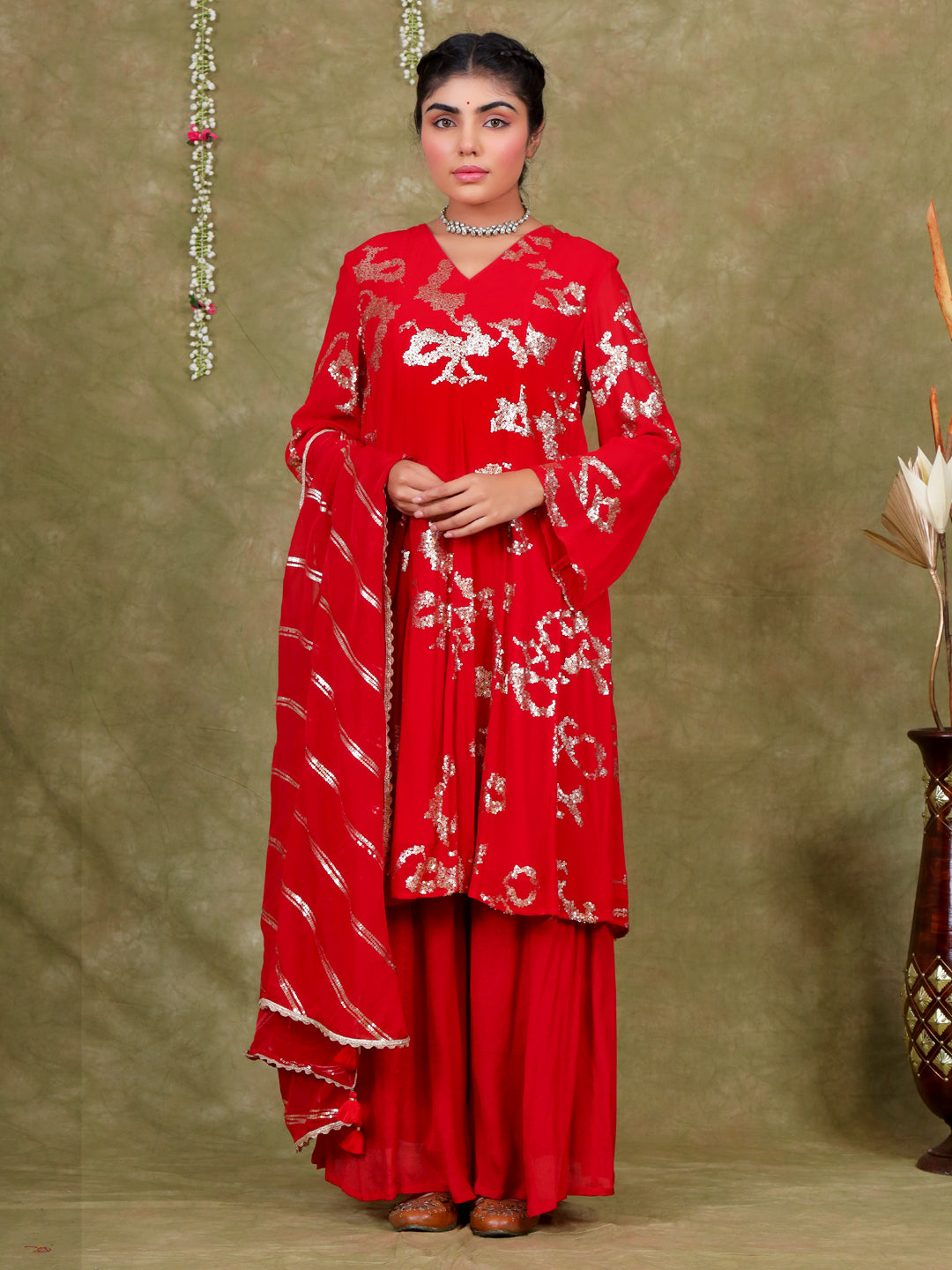 Sequence Embroidery Based Georgette Kurta Pant Set with Organza Dupatta - Red