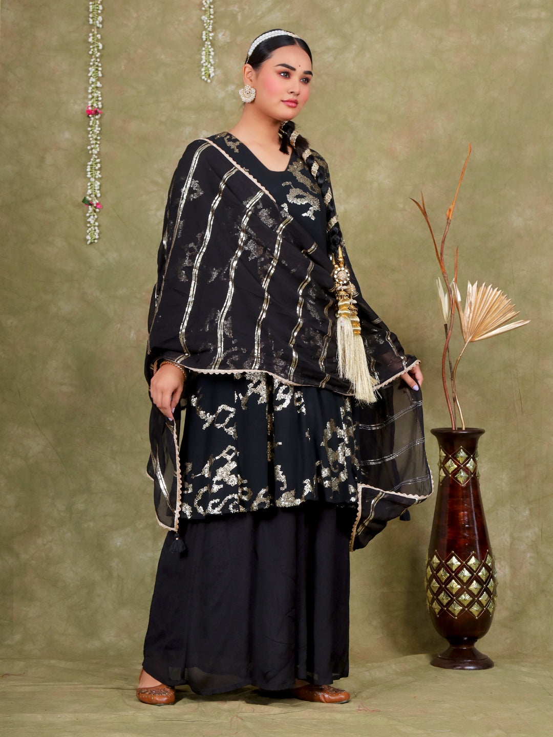 Sequence Embroidery Based Georgette Kurta Sharara Set with Organza Dupatta - Black