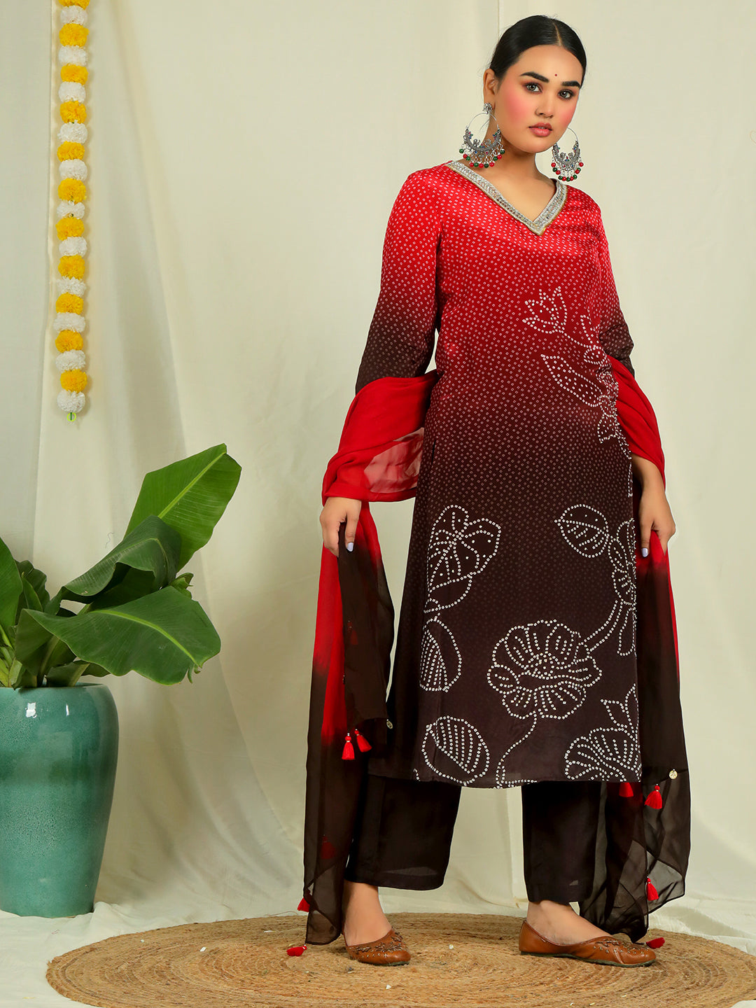 Black & Red Ombre Bandhani Floral Print Natural Crepe Kurta Sets with Hand Embellishments