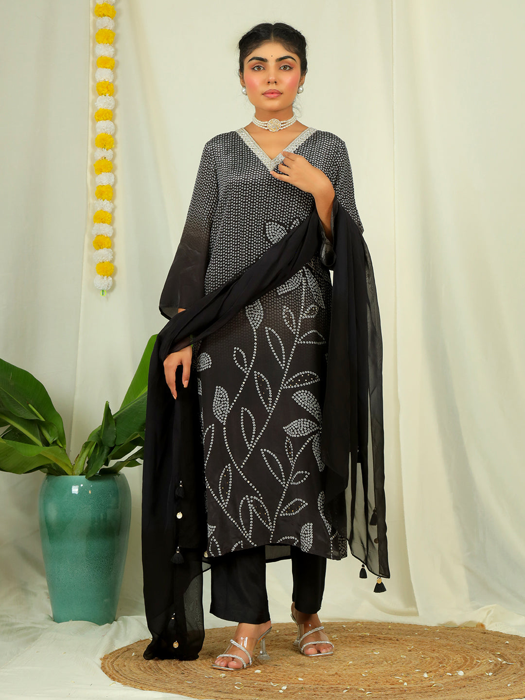Ombre Natural Crepe Kurta Pant Set with Dupatta with Hand Work - Black